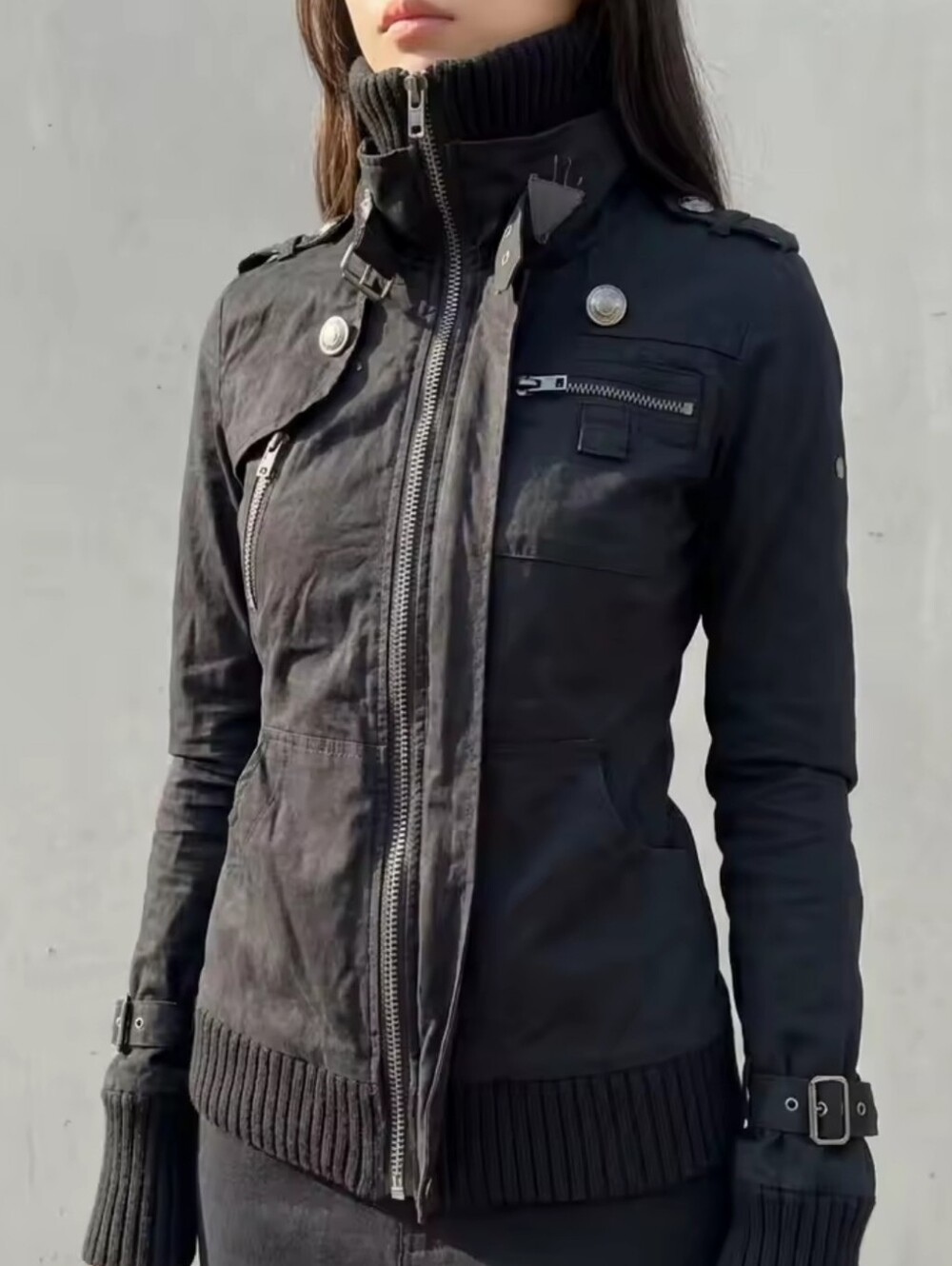 Y2K Black Tactical Ribbed Knit Zip Women Hoodie Jacket Streetwear Vintage Buckle